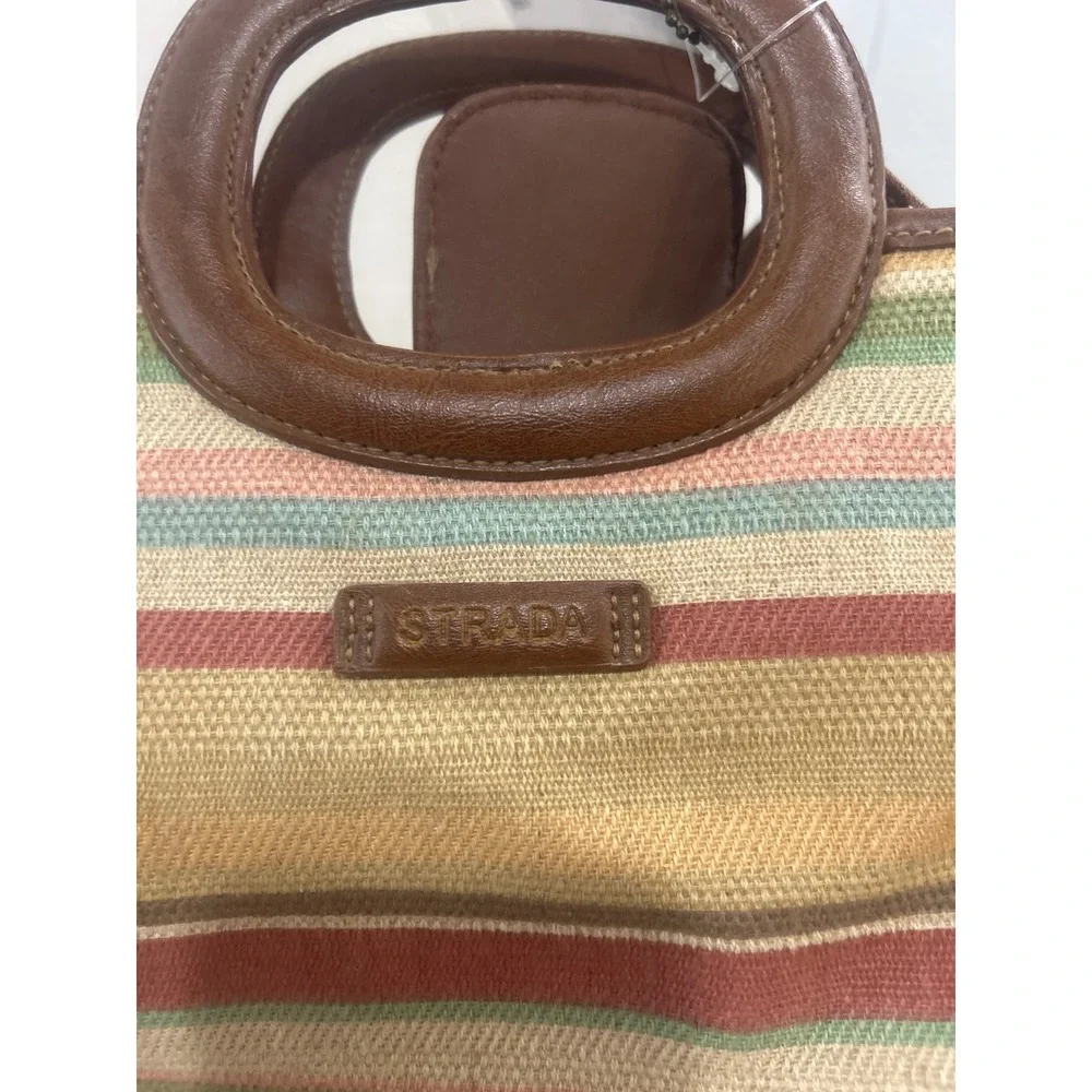 Strada Striped Canvas Handbag Brown Faux Leather Trim Satchel with Coin Purse